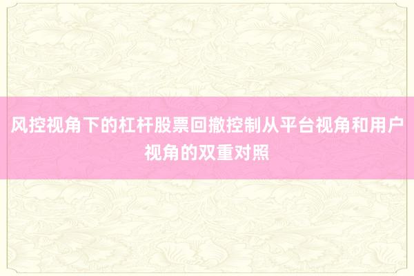 风控视角下的杠杆股票回撤控制从平台视角和用户视角的双重对照