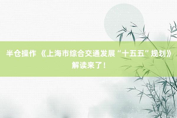 半仓操作 《上海市综合交通发展“十五五”规划》解读来了！